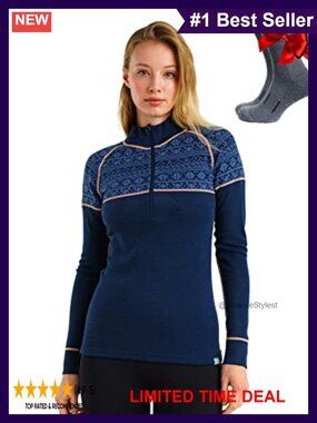 100% Merino Wool Quarter Zip Sweater Women Thermal Base Layer